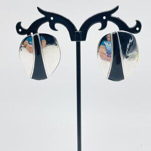 Vintage BERGERE Silver Tone Black Enamel Modernist Pierced Earrings Statement